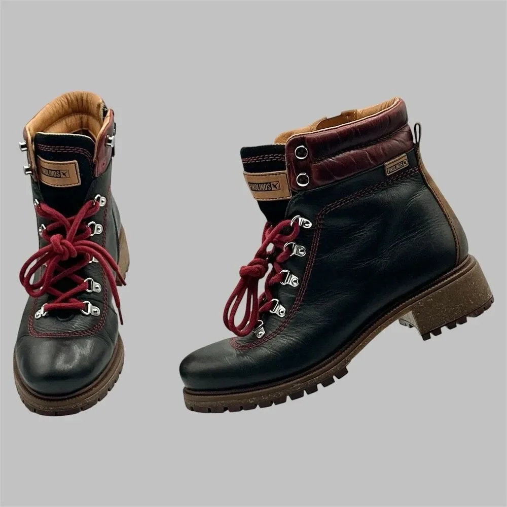Pikolinos Aspe Leather Boots Womens 7.5-8 EU 38 Black Zip Hiker Red Lace Lug